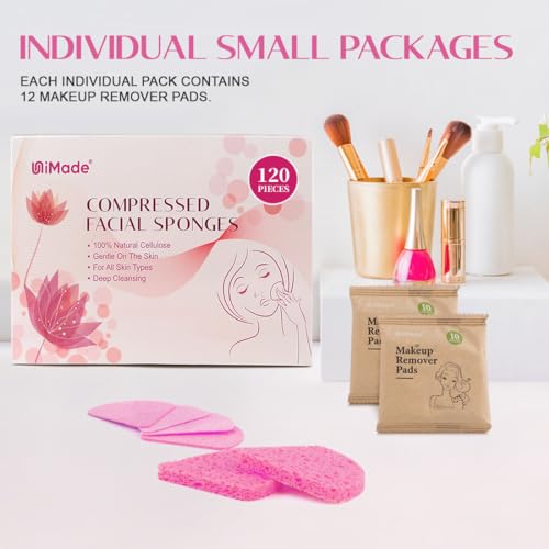 UNIMADE Compressed Facial Sponges Face Sponges for Cleansing, 100% Natural Cellulose Cosmetic Spa Sponges for Facial Cleansing, Makeup Removal, Exfoliating Mask, Skin Massage